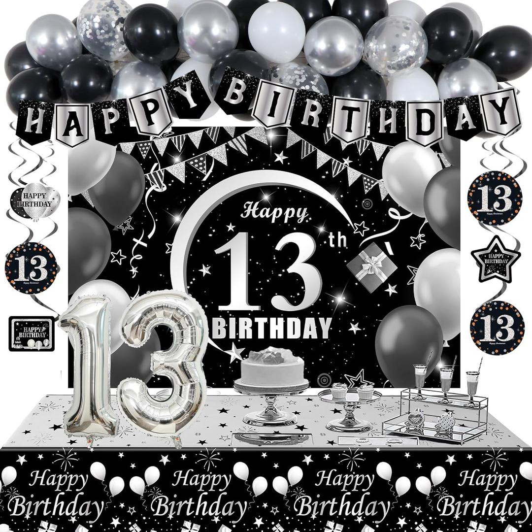 13th Birthday Decorations for Boys Girls, Black White 13 Year Old Boy Birthday Decorations with Happy 13th Bday Banner Balloons Backdrop and 32in Number 13 Balloons, Black Silver Thirteen Party Decor