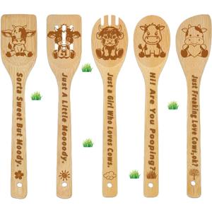 CHACROC Cow Wooden Cooking Spoons 5Pcs, Highland Cow Gifts for Women Cow Kitchen Decor for Cow Lovers Bamboo Wooden Spoons for Cooking Cow Stuff Party Favors Housewarming Wedding, standard, Brown
