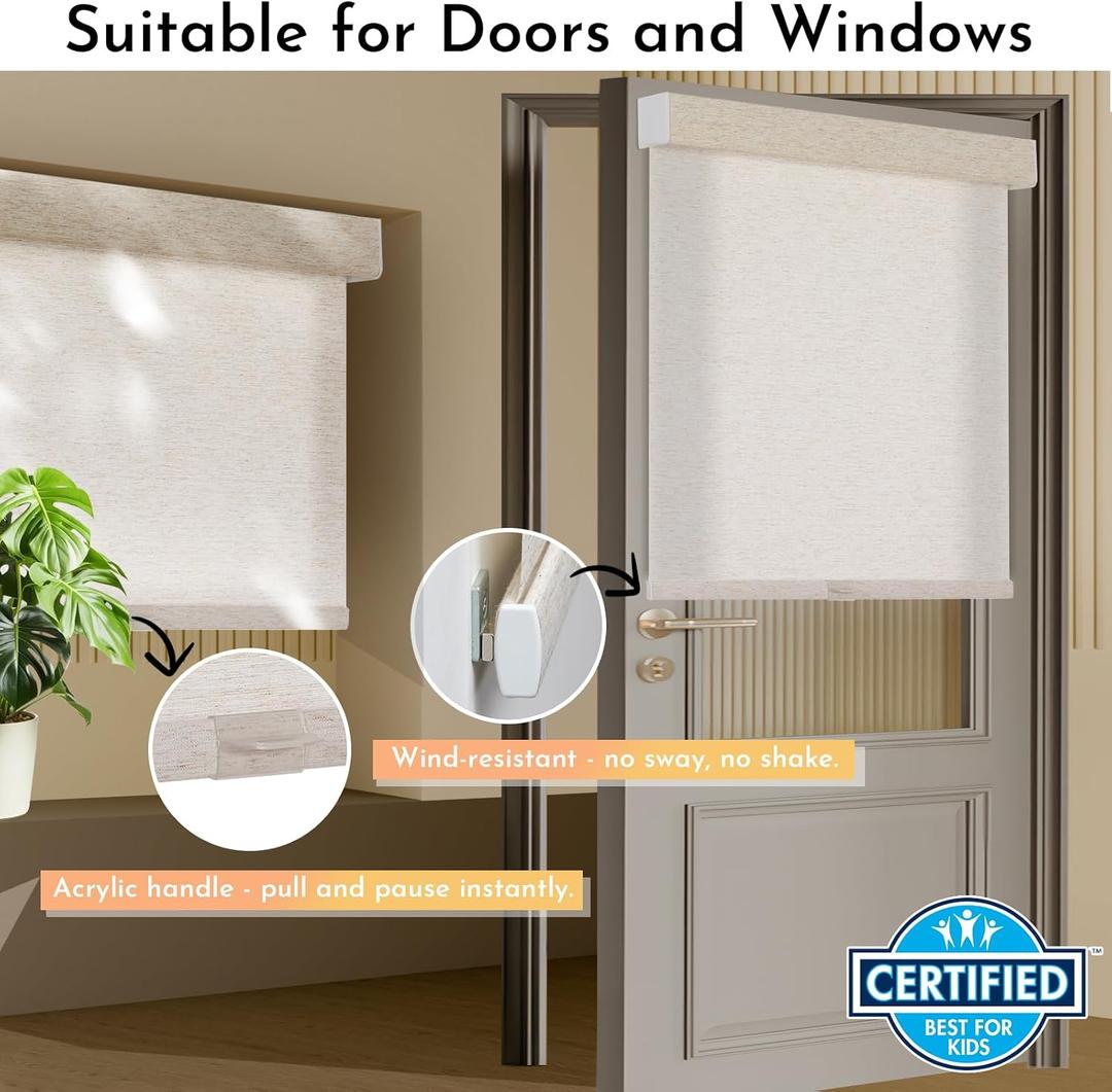 Light Filtering Roller Shades for Indoor Window Blinds,Cordless,Linen Fabric,Thermal Insulated Fabric UV Protection Shades for Home,Office,Bedroom,Door,Light Filtering-Cream