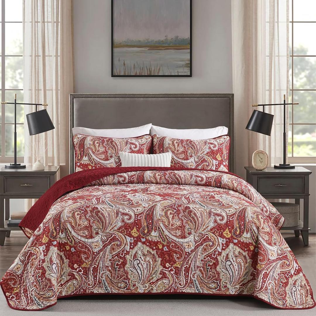 DJY Red Gold Paisley Quilt Set King Size Boho Bedspread Coverlet Set 5 Pieces, Vintage Paisley Floral Pattern Lightweight Microfiber Bedding Set with Pillowcases for All Season