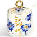 JUSONEY Ceramic Sugar Bowl with Lid and Spoon with Floral Pattern, Gold Trim  7.5oz Elegant Sugar Jar with Lid and Spoon, Nordic Style for Kitchen, Dining, Cafe, Gift Idea (C)