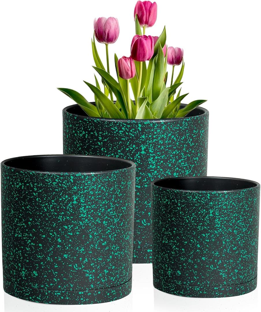 Meowell 8/7/6 inch Plant Pots, 3 Pack Cylindrical Flower Pots for Outdoor Indoor Plants, Decorative Plastic Planters with Drainage Holes and Saucers for Garden House Plants, Black with Green Speckles