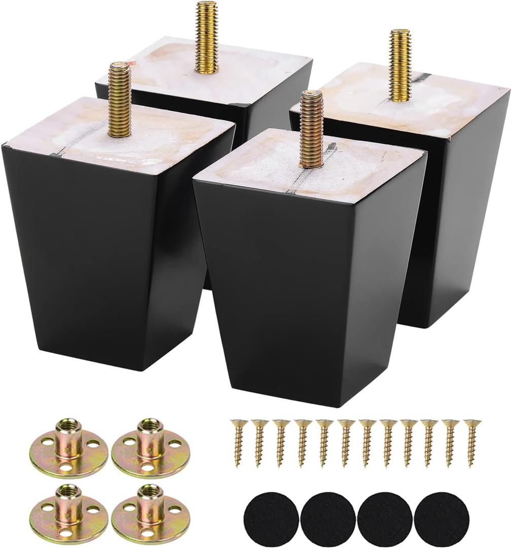 Michanco 3 Inch Black Sofa Legs Set of 4 Square Tapared Wood Furniture Feet for Couch Sofa Ottoman
