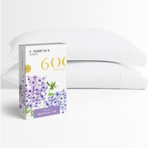Carressa Linen 100% Egyptian Cotton Pillow Cases Set of 2-600 Thread Count Crisp White King Pillowcase for Sleeping, Soft, Silky Sateen Weave Bed Pillow Cover, Extra Long Staple Cotton Pillowcases