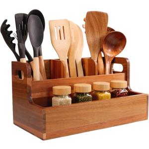 Wooden Kitchen Utensil Holder Organizer for Counter or Countertop, Large Wooden Utensil Holder for Storage Cooking and Silverware with 3+1 Compartment, Acacia Rustic Wood Container Extra Large.