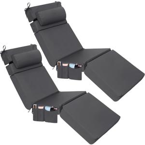 Wenqik 2 Pcs Outdoor Chaise Lounge Cushion with Pillow and Side Pocket Waterproof Lounge Chair Cushions with Pocket on Back 72 x 21 x 4 Inch Patio Pool Replacement Pad (Dark Gray)