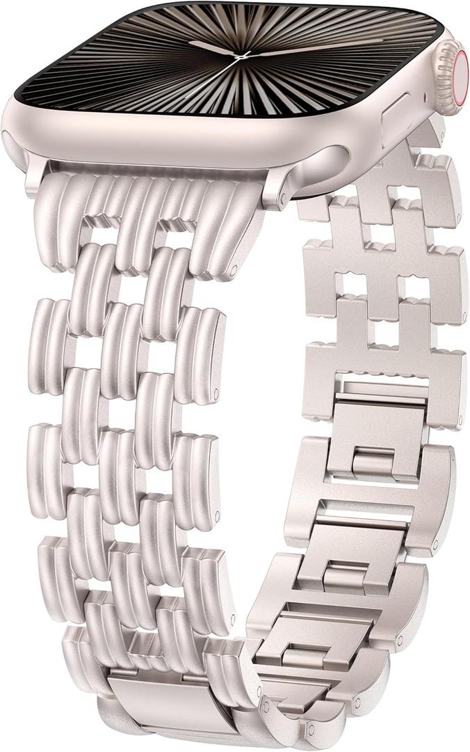 Minyee Compatible with Apple Watch Band Women 42/41/40/38/44/45/46/49mm, Dressy Starlight Gold Shiny Basketweave Designer Stainless Steel Metal Strap for iWatch Series 11 10 9 8 7 6 5 3 2 1 SE Ultra