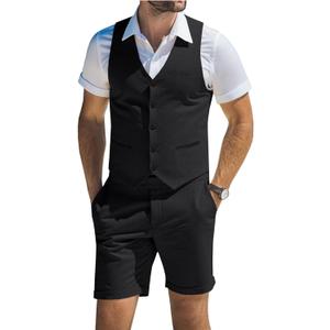 Men's Suit Linen 2 Piece Vests Short Pants Suits for Men Casual Summer Beach Groomsmen Wedding Waistcoat Set Outfit (Black, XXL)