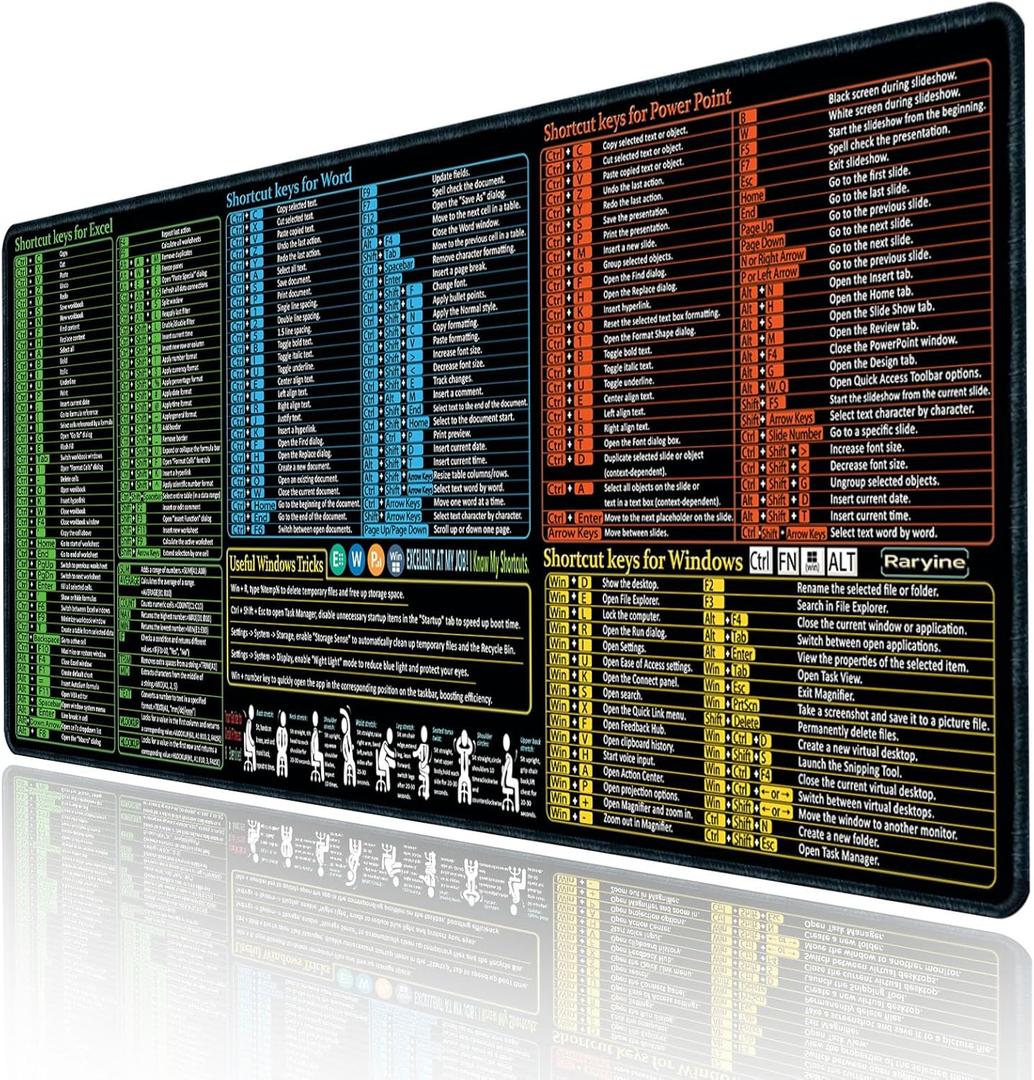 Excel/Word/Power Point/Windows Mouse pad,Non-Slip&Waterproof Large Gaming Office pc Desk mat(XXL 35.4x15.8 in),Over 200 Keyboard Shortcuts Mousepad