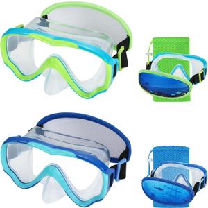 Swim Goggles Kids 6-14, Diving Mask No Tangle StrapWater Goggles Nose Cover for JR / Youth (2PK - Blue)