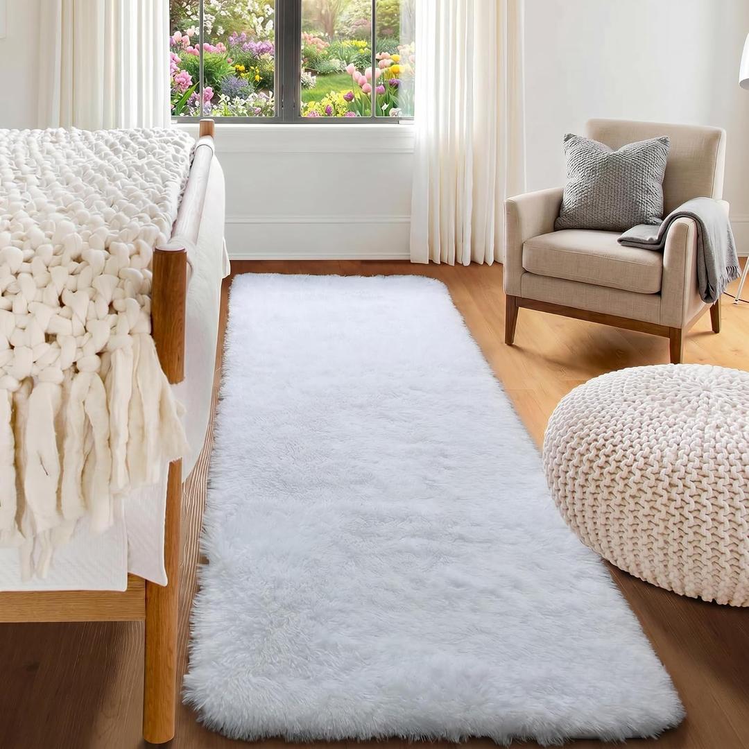 ONASAR White Runner Rugs for Bedroom Living Room, Luxury Bedside Fluffy Area Rug 2x6 Feet, Ultra Soft Plush Faux Fur Floor Throw Carpet for Hallway Nursery Kids Dorm Home Decor Aesthetic