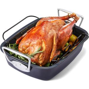 HONGBAKE Extra Large Turkey Roasting Pan with Rack (U-Shaped), 18.713.6 Inch Nonstick Roaster Pan for 25 lb Turkey & Chicken, Deep Turkey Tray for Oven, Wider Handles, 0.8 mm Heavy Duty Steel, Gray