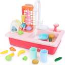 BOBXIN Play Sink with Running Water, Kids Pretend Play Kitchen Toy Sink for Toddler, Role Play Electric Dishwasher Kitchen Water Toys Set with Upgraded Working Faucet and Dishes Playset for Girl Boy (Pink)