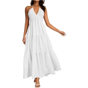 OYOANGLE Women's V Neck Tie Backless Halter Dress Ruched Flowy Wedding Vacation Maxi Dresses (White), Small