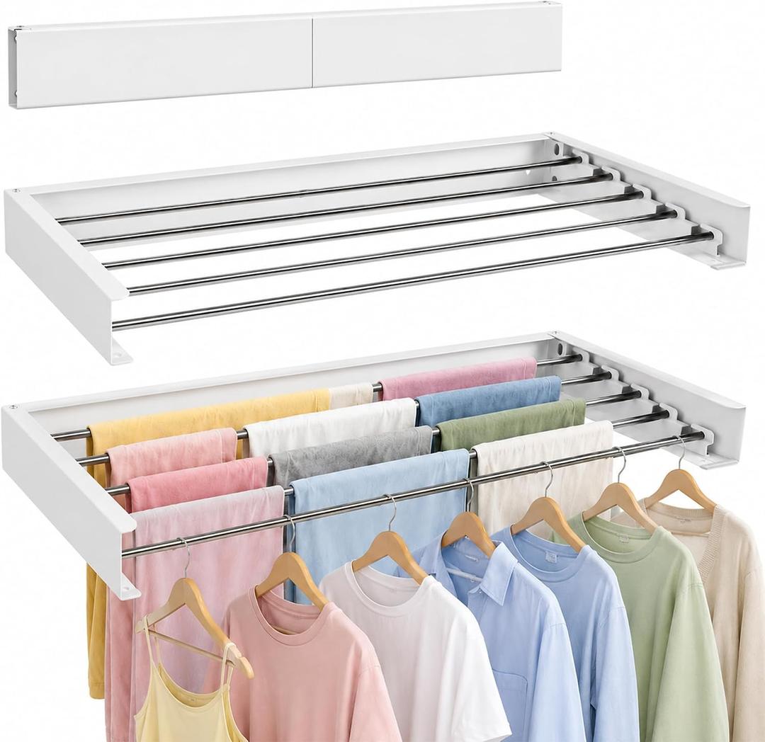 Wall Mounted Clothes Drying Rack Collapsible, Pure Stainless Steel Folding Laundry Drying Rack for Indoor Outdoor Use, Heavy Duty Wall Mounted Clothes Rack White, 80cm x 40cm x 10.5cm