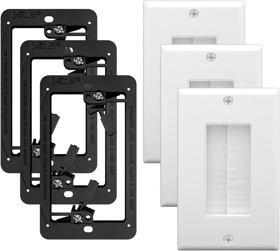 VCE Brush Wall Plate with Mounting Bracket 3-Pack, Cable Pass Through Insert Single Gang Wall Cover for Low Voltage Cables, Cord Hider for Wall Mount TV, Home Theater System, White