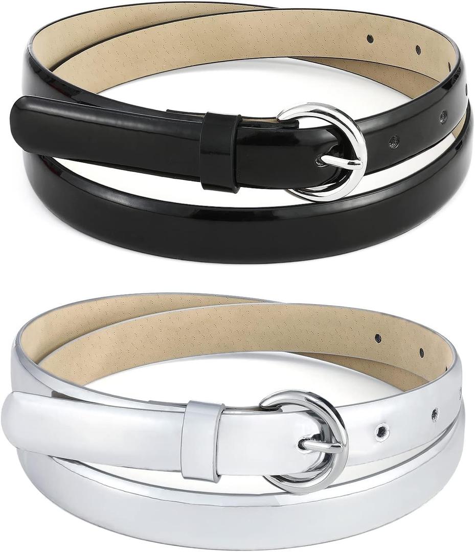 Black Patent Leather Thin Belts for Women - Silver Waist Belts for Womens Dress, Skinny Women Belt for Jeans 2 Pack (XL: Fit Waist Size 39"-43")