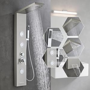 5-In-1Shower Panel Tower System-Brushed Gray | 304 stainless steel Shower Panel Column Tower With Powerful Body Jets,Body Spray,Rainfall,Waterfall,Handheld And Tub Spout
