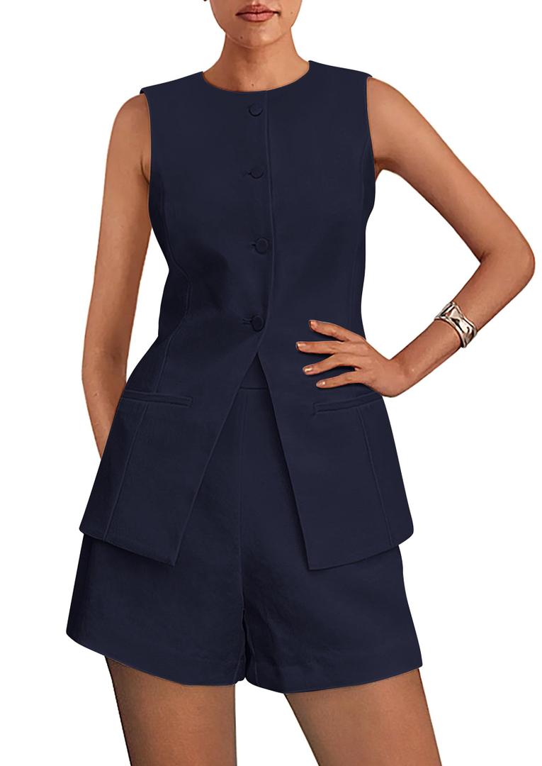 PRETTYGARDEN Women's 2 Piece Sets 2026 Summer Trendy Button Down Suit Vest Tops High Waisted Shorts Business Casual Outfits (Navy, Small)