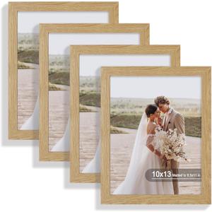 10x13 Picture Frame Set of 4, Made of Real Glass and Natural Oak Frame, 10 by 13 Photo for Wall or Tabletop - Display Picture 8.5x10 with Mat or 10x13 Without Mat