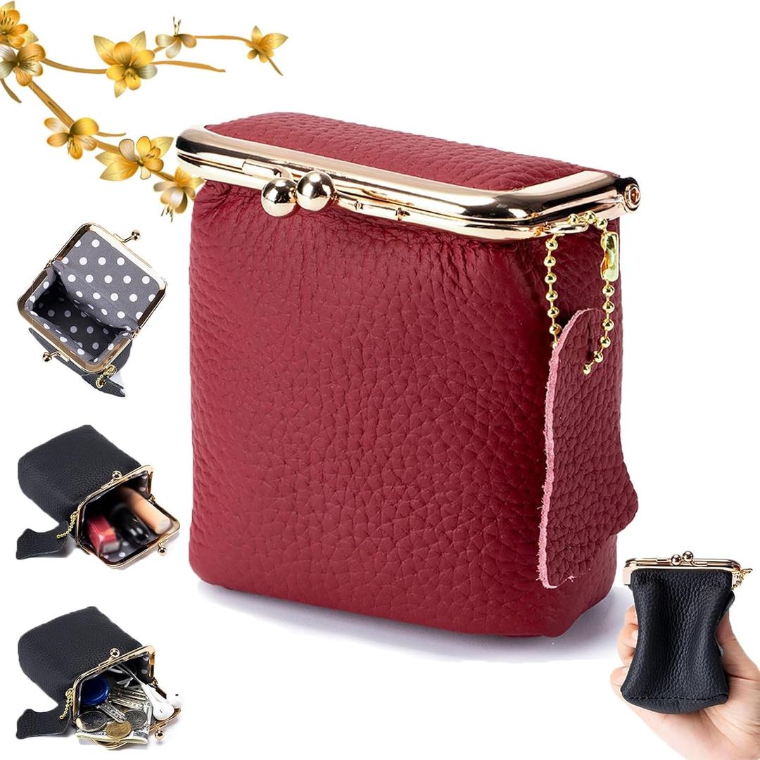 Genuine Leather Mini Jewelry Box, Portable Genuine Leather Mini Coin Jewelry Purse, Vintage Travel Jewelry Case Organizer with Kiss Lock, for Earring, Ring, Necklace Coin or Lipstick(Red)
