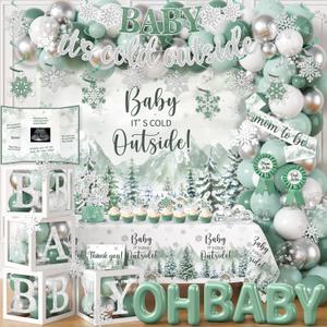 Baby Its Cold Outside Baby Shower Decorations, Green Winter Baby Shower Decorations Winter Wonderland Tablecloth Banner Backdrop Balloon Box Cupcake Topper Hanging Swirl for Boy Girl Gender Reveal