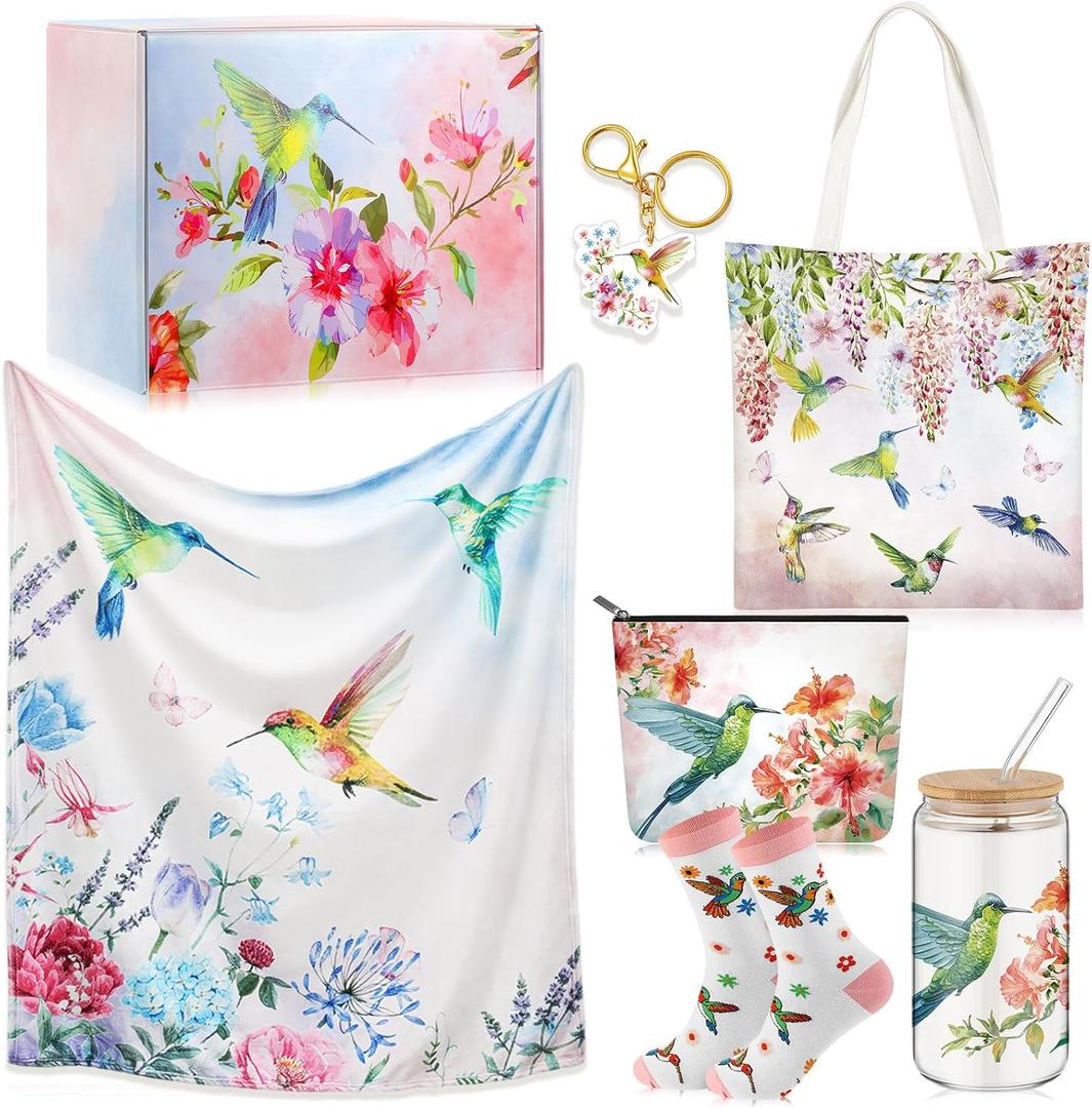 Paterr 6 Pcs Mother's Day Hummingbird Gifts for Women Mom, Canvas Tote Bag Makeup Bag Print Blanket Socks 16oz Glass Coffee Cup with Straw Cute Keychain for Birthday Girls Daughters Sister