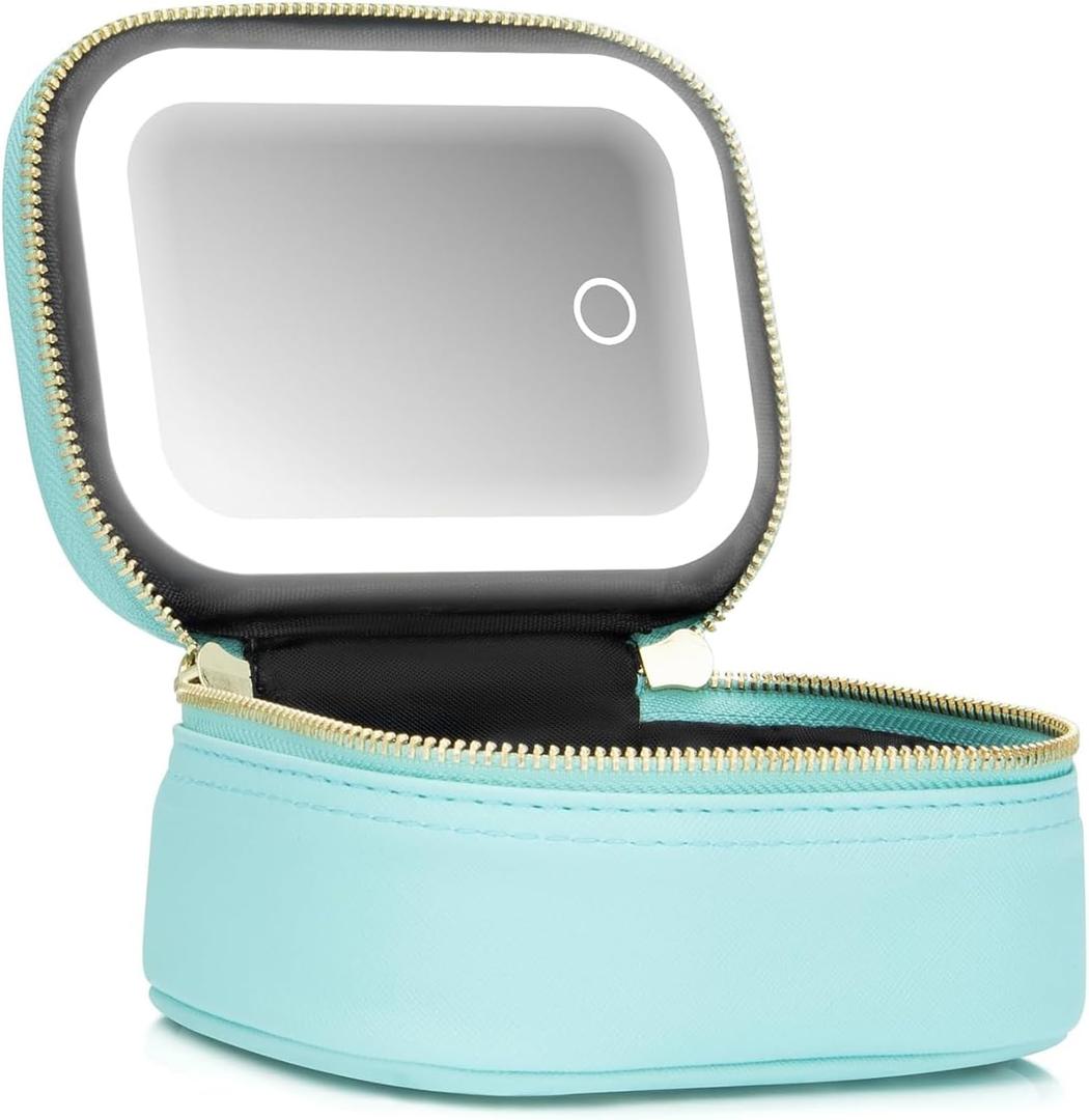 Mini Makeup Bag with Led Mirror, Small Travel Make up Bag 3 Light Modes Adjustable Brightness, for Women Organizer Cosmetic Bag, Portable Travel Train Toiletry Bag, for Pool Parties Work Touch-Ups (Blue)