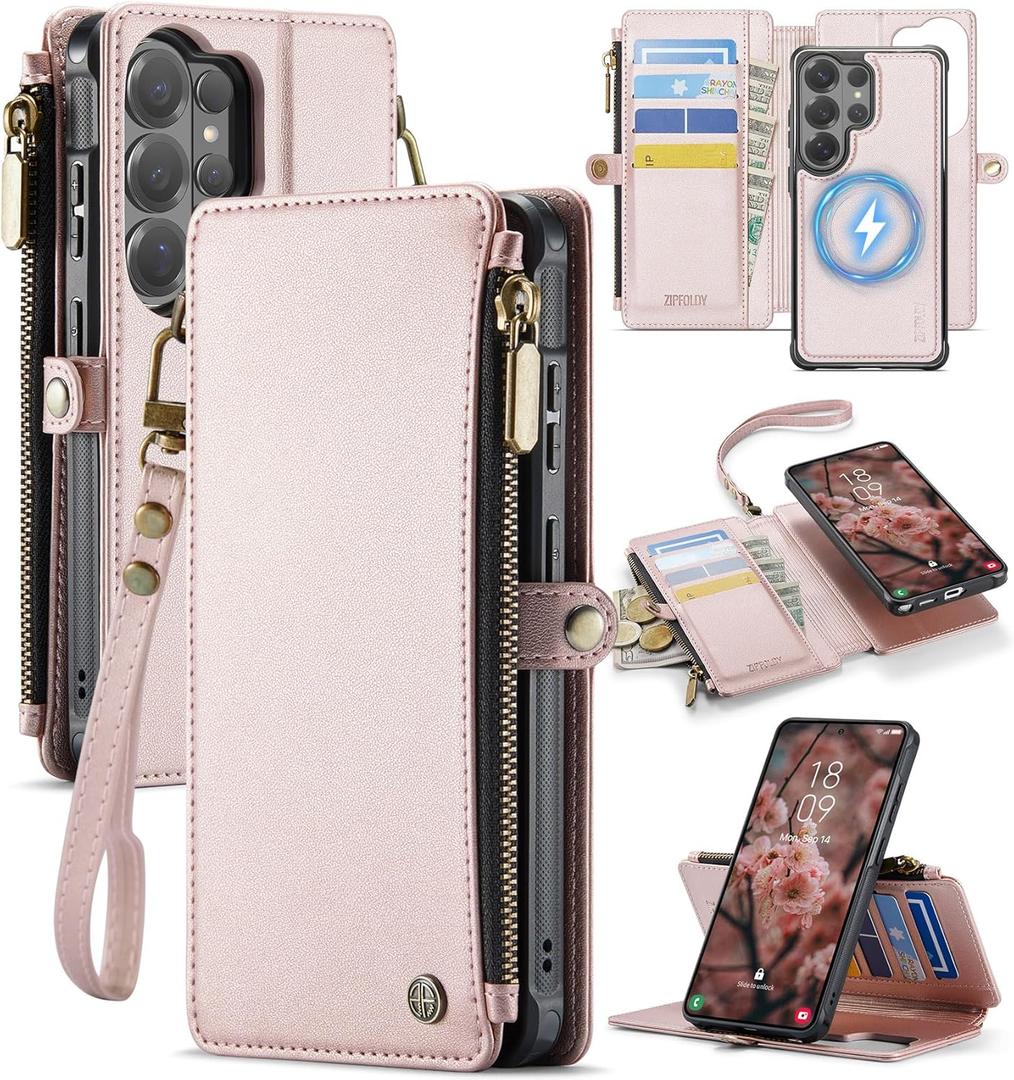 for Samsung Galaxy S26 Ultra Wallet Case Magnetic [Compatible with Magsafe] [RFID Blocking Card Holder] [Zipper] Detachable Drop-Proof Phone Cases for Galaxy S26 Ultra 6.9", Champagne Gold