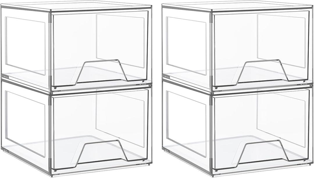 4 Pack Stackable Makeup Organizer,4.4'' Tall Acrylic Bathroom Organizer and Storage Drawers, Clear Plastic Drawer Storage Bins For Vanity, Undersink, Cabinets, Pantry
