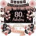 80th Birthday Decorations for Women, 33pcs 80th Birthday Crown and Sash, Black Rose Gold Happy 80th Birthday Banner Balloons Backdrop Hanging Swirls Paper Fans, 80 Years Old Birthday Decorations Kit