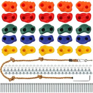 ZENFUN 25 Packs Rock Climbing Holds for Kids and Adults, Indoor & Outdoor Rock Wall Climbing Kit, Multi-Colored Climbing Rock Wall Grips with Mounting Hardware, Knotted Rope and 25 Handles