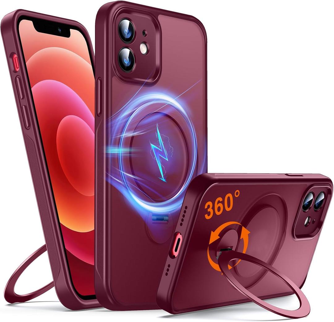 360 O-Ring MagStander for iPhone 12 Case, iPhone 12 Pro Case with Magnetic Stand Ring Holder [Compatible with MagSafe] [Military Shockproof] Kickstand iPhone 12/12 Pro Phone Cover Burgundy