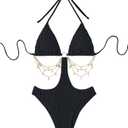 WDIRARA Women's Chain Linked Cut Out Halter One Piece Swimsuit (Large, Black)
