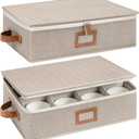 StorageWorks China Storage Container, Stackable Mug Storage Box with Dividers, Stemware Storage Cases, Hard Shell China Cup Organizer, Holds 12 Tea Cups and Coffee Mug, 2 Pack, Brown and Beige