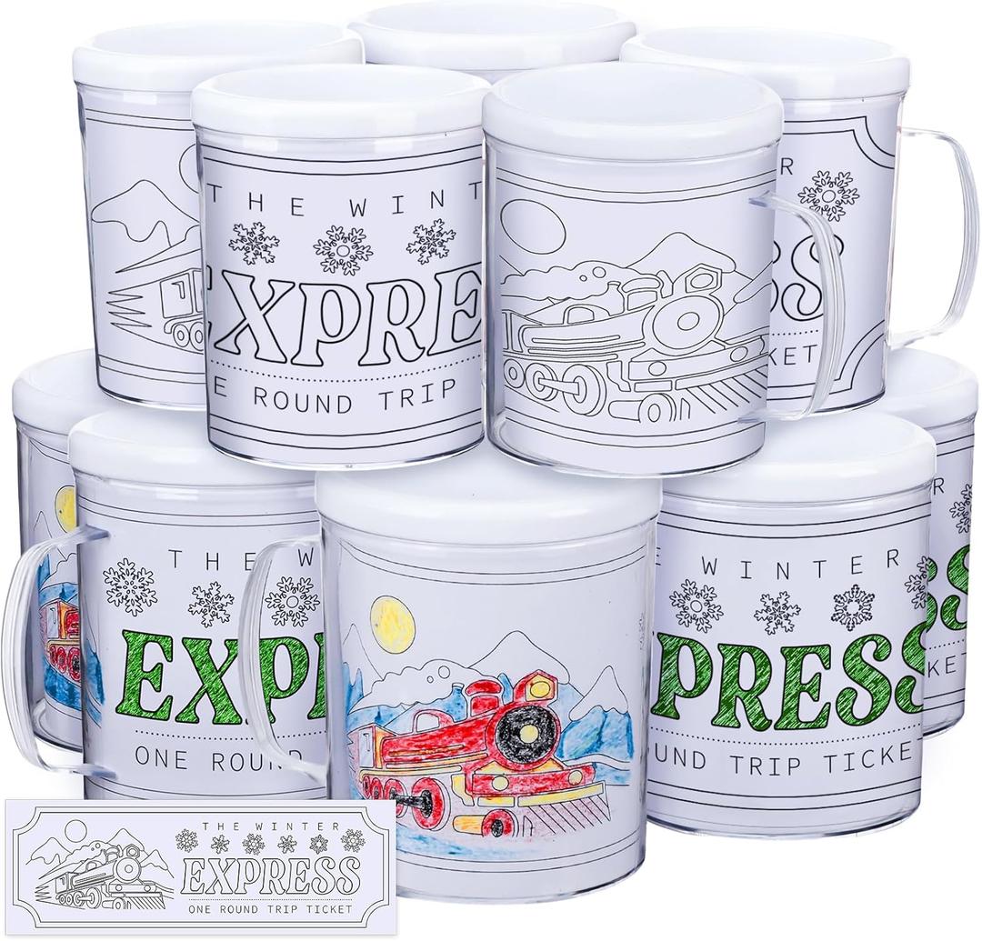Nitial 12 Pcs DIY Winter Express Cocoa Mugs Bulk 8 oz Personalized Coffee Mugs with 36 Pcs Insert Paper Winter Express Cup for Christmas Sunday School Crafts for Kid