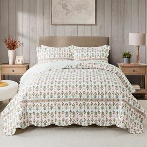 HoneiLife Quilt Sets King Size - Floral Bedspreads for King Bed, 3-Piece Wildflower Coverlets, Botanical Bed Cover King Quilt Bedding Set All Season Quilts-Sweet Grass (King-106"x 96")