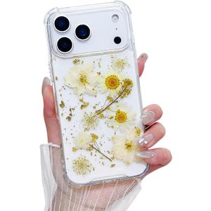 Compatible with iPhone 17 Pro Max Case Cute Pressed Dried Real Flowers Design Women Girly Shockproof Gliter Bling Floral Clear Phone Cover for iPhone 17 Pro Max (White Flower)