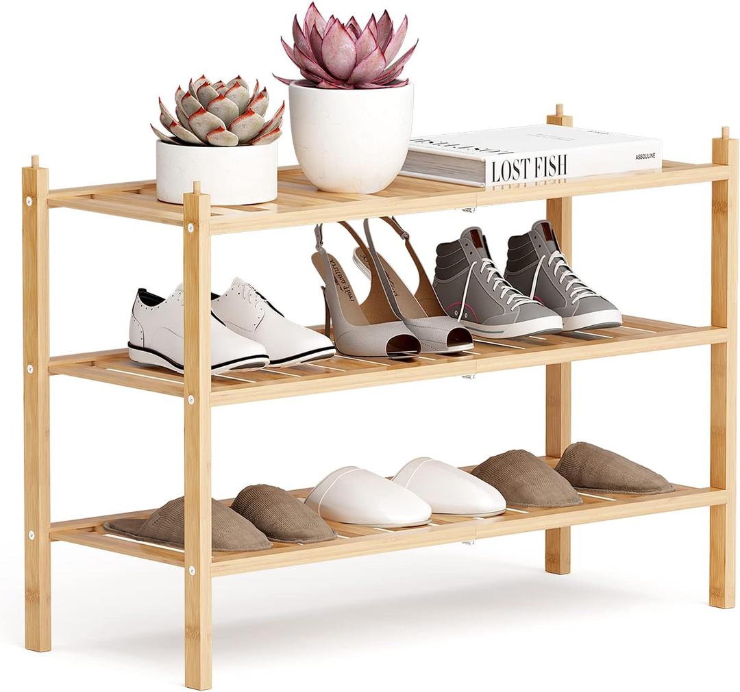 Shoe Rack, 3-Tier Bamboo Stackable Shelf Storage Organizer, Stand for Closet, Entryway, Hallway, Bathroom and Living RoomNatural