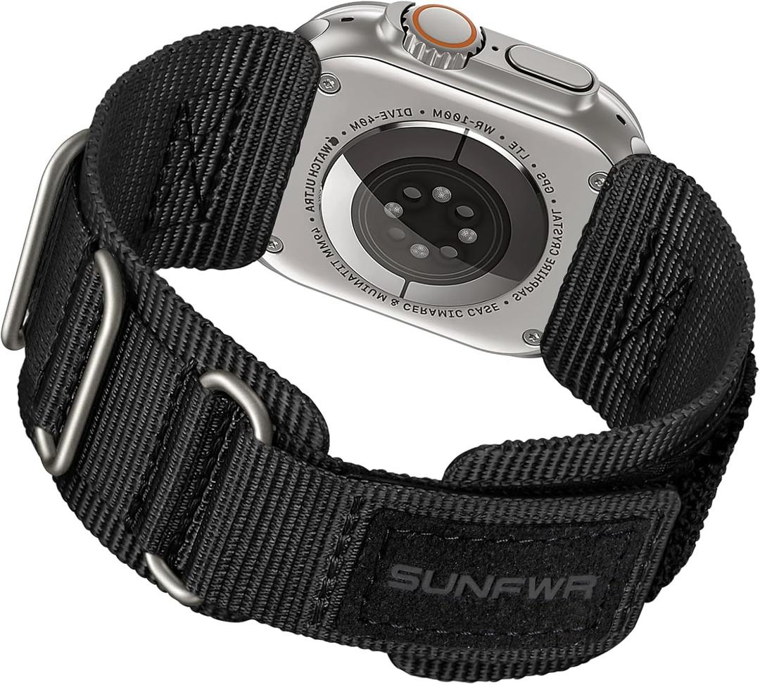 SUNFWR Rugged Nylon Band for Apple Watch Ultra 2&1 49mm 46mm 45mm 44mm 42mm Men,Velcro Tactical Military Strap for iWatch Series 10/9/8/7/6/5/4/3/2/1/SE (49mm 46mm 45mm 44mm 42mm (Series 3/2/1), BlackTags/Titanium)