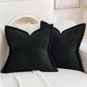 HAUSSY 2 Pack Pillow Covers 18x18 Inch, Corduroy Decorative Throw Pillows Soft Boho Striped Solid Couch Cushion Covers Home Decor Modern Pillowcase for Living Room Sofa Bed, Black (Covers Only)