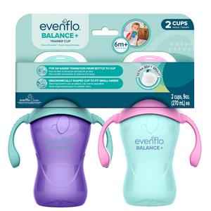Evenflo Balance+ Trainer Cups for Babies 6+ Months, Purple and Mint, Ergonomic Design with Handles, 9oz, 2 Pack