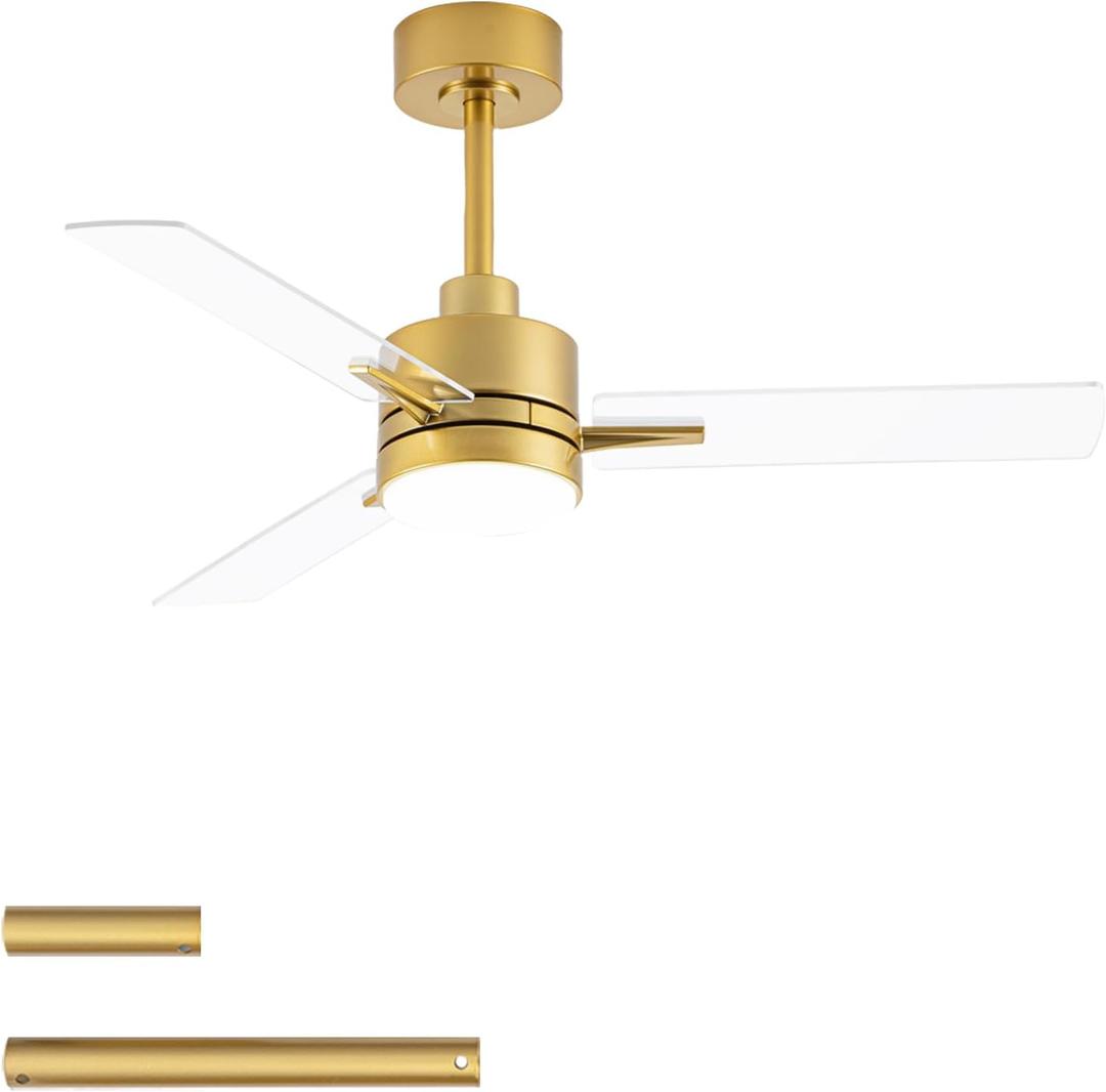 LANMEL 42 Inch Metal Ceiling Fan with Light, Modern Flush Mount Low Profile with Remote Control, Reversible, 3cct Dimmable, Quiet, Gold Transp LED for Bedroom, Living Room, Indoor/Outdoor Patio Use