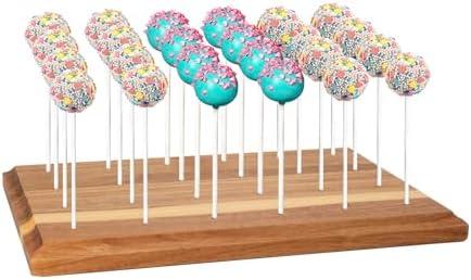 Acacia Wood Cake Pop Holder Stand for Drying 24 Holes Wooden Lollipop Display Stand Holder for Weddings Baby Showers Birthday Party Anniversaries Holiday - Fit 5/32" (4mm) Lollipop Sticks (Brown)