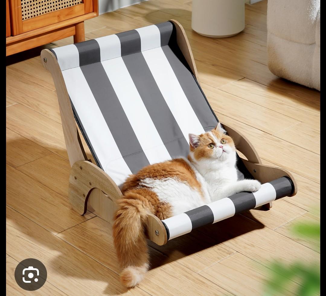 HiPetpy Cooling Cat Hammock Chair with Water Mat, Beach Style Lounger for Large Cats, Elevated Cat Beds for Indoor Cats, Waterproof Durable Pet Couch for Indoor & Outdoor Use(Black & White Stripes)