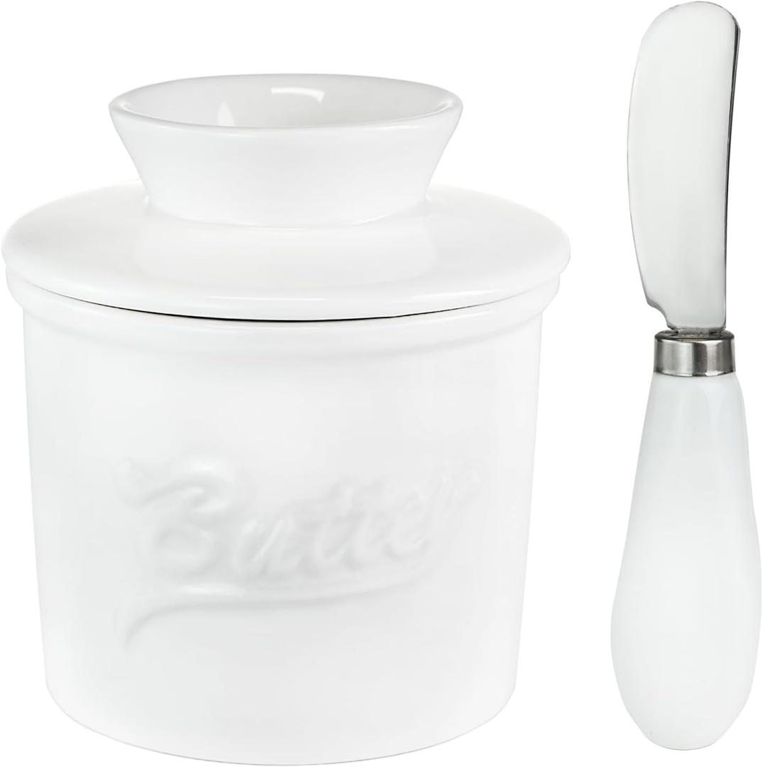 Ceramic Butter Crock with Lid & Spreader Knife, Butter Keeper - Ideal Butter Storage & Countertop Butter Dish, White
