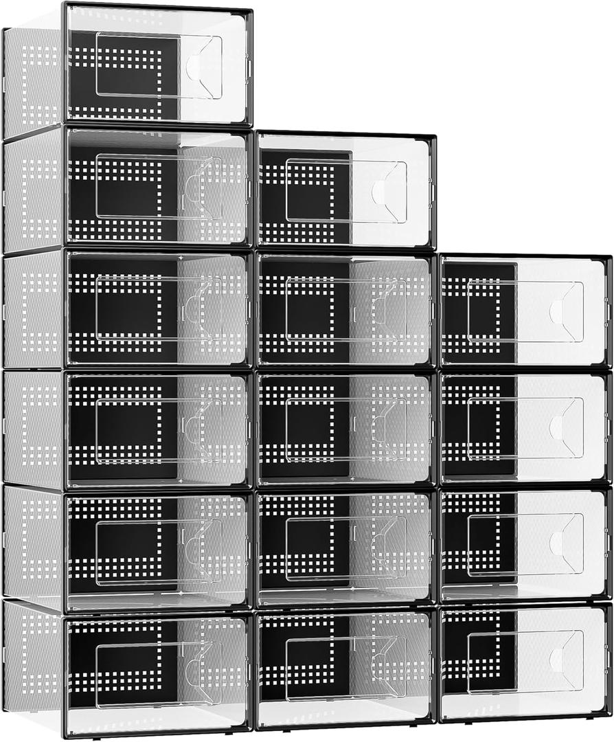 X-Large Shoe Storage Box, 15 Pack Clear Plastic Stackable Shoe Organizer for Closet, Interlocking Design Shoe Container Bins for Sneakers, Foldable Shoe Rack with Lids, Black