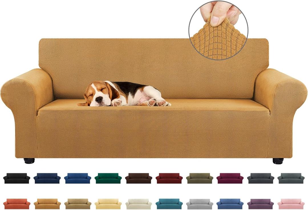 KEKUOU Stretch Sofa Cover Slipcover Couch Covers for 3 Cushion Couch Sofa pet Friendly (78"-94") Furniture Protector Sofa with Elastic Bottom for Kids,Dog, Jacquard Small Checked(Large,Golden)