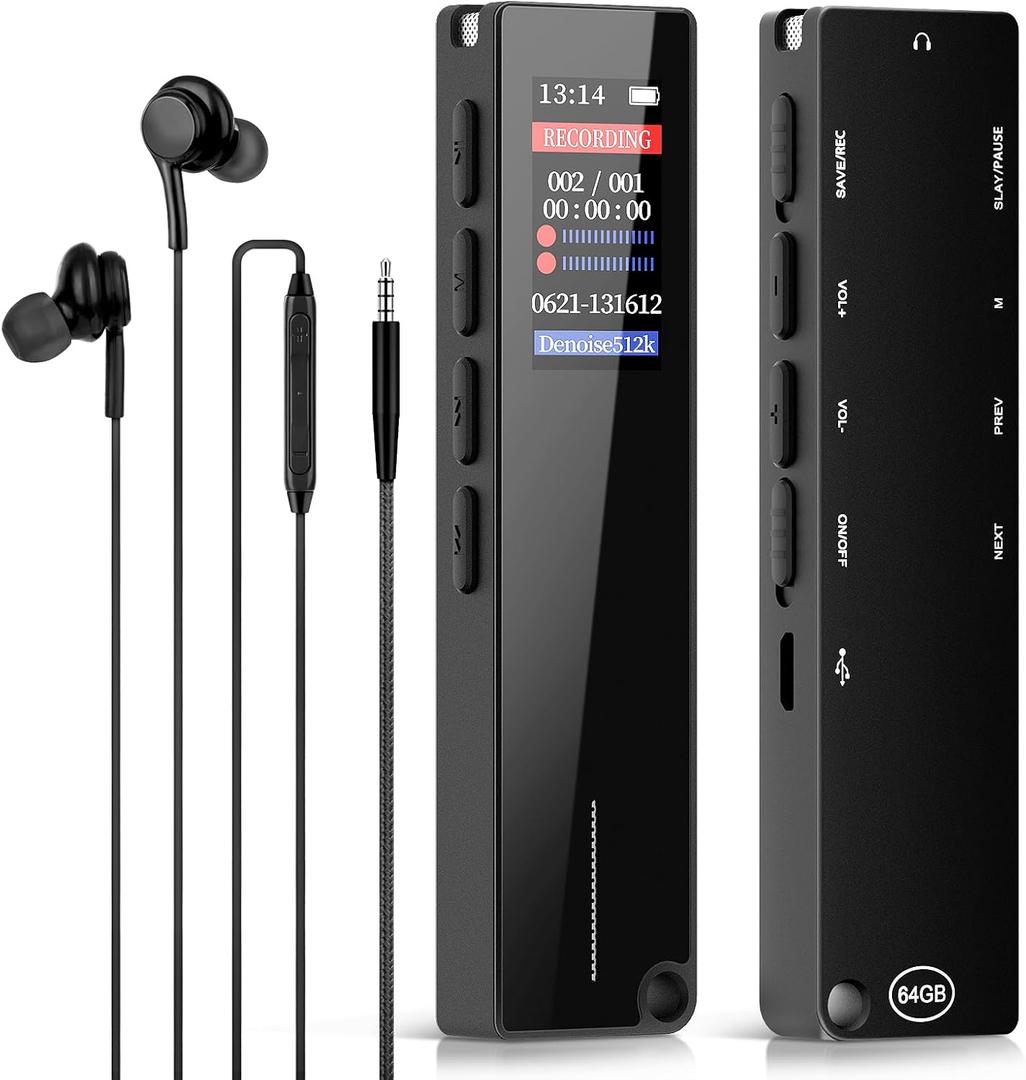 64GB Digital Voice Recorder - Voice Recorder with Playback, 3072KBPS Voice Activation, Password Protection - Ideal for Lectures, Meetings, Interviews.