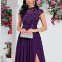 Miusol Women's Elegant Sequin Lace Contrast Chiffon Split Style Evening Party Maxi Dress (Purple, XL)
